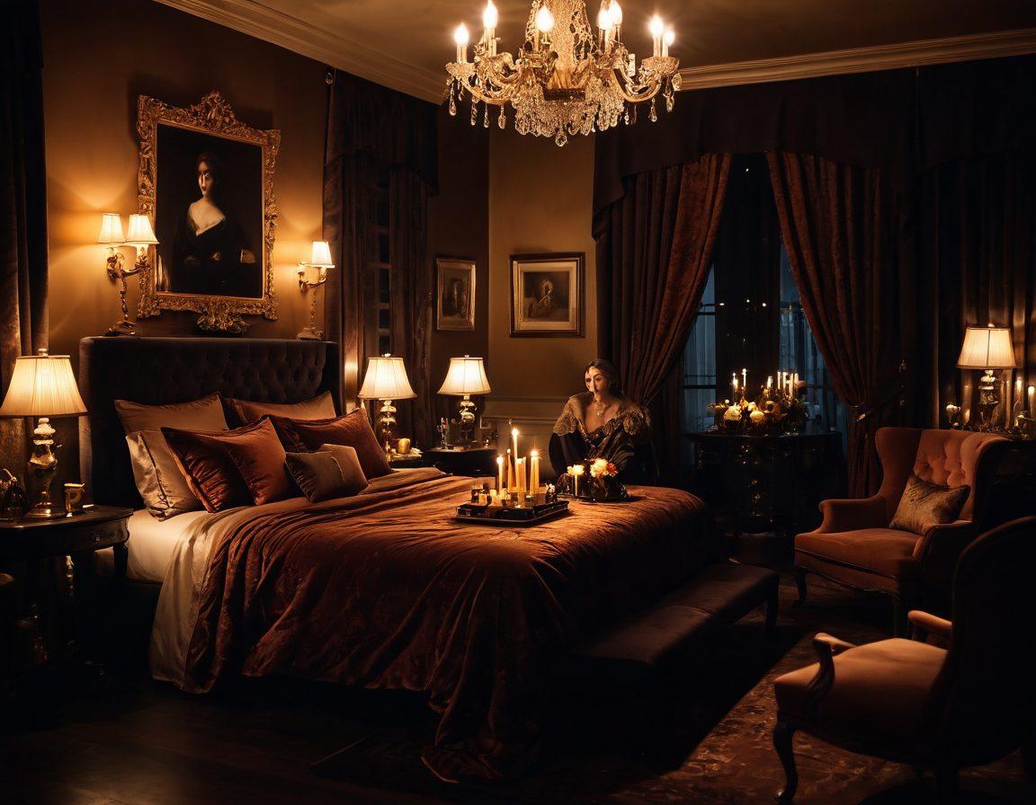 A dimly lit, lavish room filled with plush velvet furnishings and candles casting a warm glow. Subtle silhouettes of figures suggest intimacy and allure, with elements of silk sheets and luxurious accessories in the foreground. The background hints at an enticing, mysterious ambiance, evoking curiosity and sensuality. soft focus. rich textures. warm color palette.