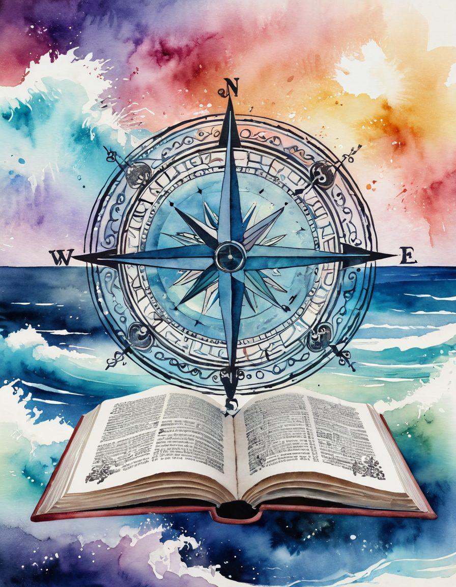 A whimsical compass with intricate designs, pointing toward various symbols of pleasure: masked figures dancing, an open book with forbidden ink, and a horizon filled with captivating, ethereal landscapes representing boundaries. Soft, inviting colors evoke curiosity and mystery. The background features abstract waves of pleasure and intrigue. watercolor painting. vibrant colors. dreamy atmosphere.