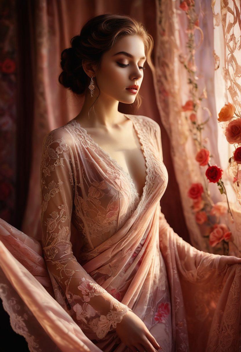 A captivating composition featuring a blend of sensuality and mystery, showcasing an elegantly draped figure in ethereal fabric, partially obscured by soft shadows and rich colors. Intricate patterns of light play across the skin, evoking emotion and intrigue, surrounded by subtle symbols of passion like roses and delicate lace. The background hints at a dreamy atmosphere with swirling patterns and a soft glow, inviting the viewer to explore deeper. vibrant colors. soft focus. surreal art.